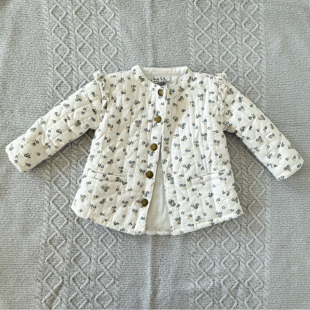 Nicole Miller NY White Floral Print Quilted Jacket with Ruffles